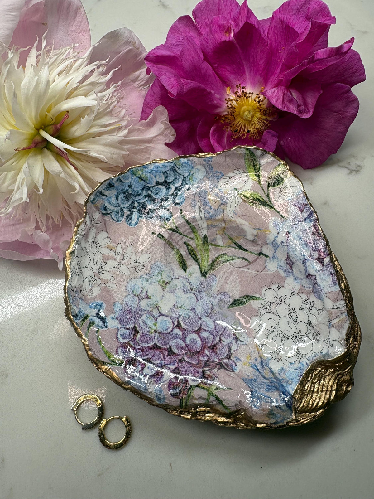 Hydrangea Decoupage Oyster Shell Ring Dish | Gold Edge Jewellery Tray