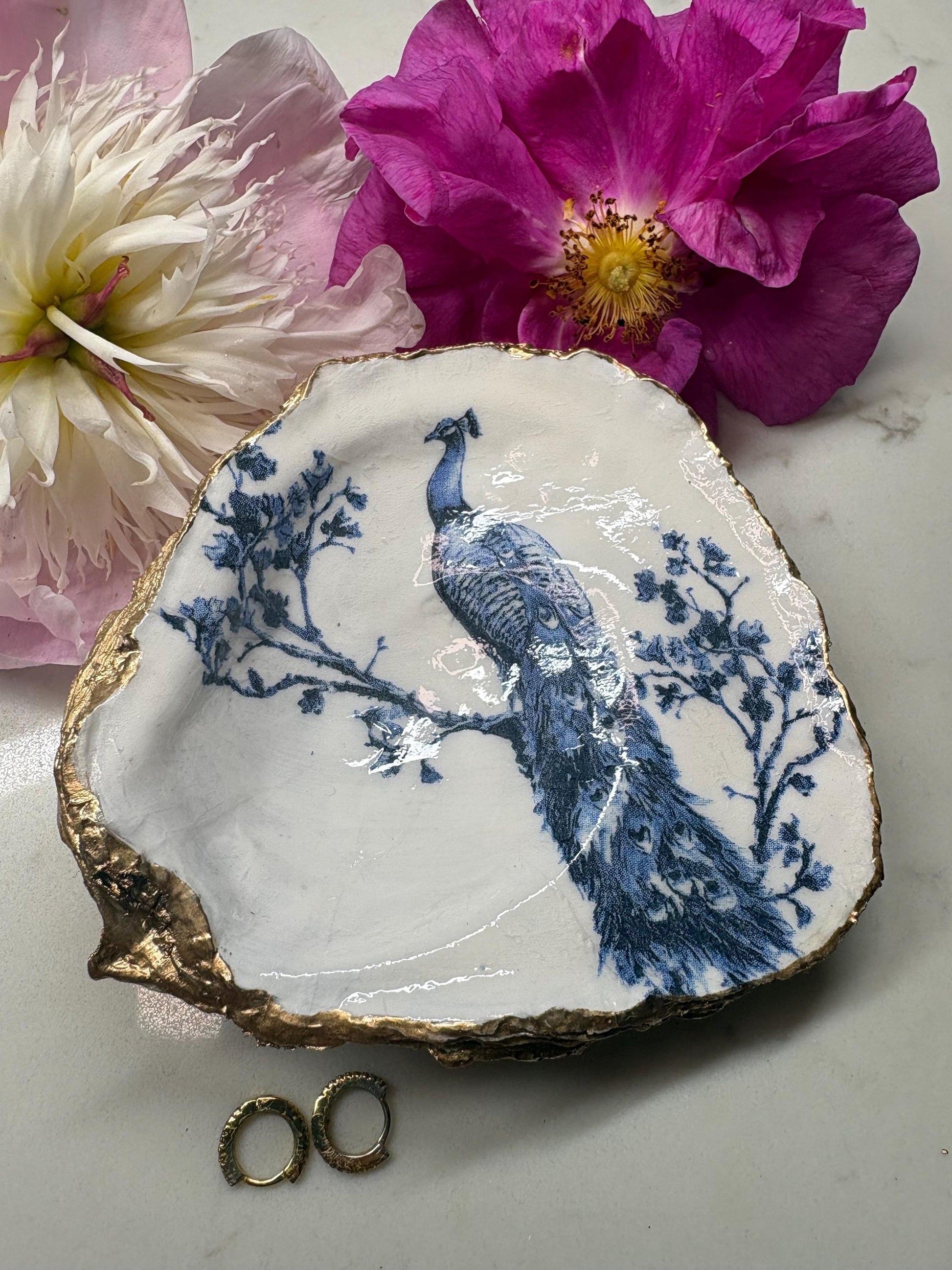 Hand-Decoupaged Oyster Shell Ring Dish | Blue Peacock Chinoiserie Gold Edge Tray