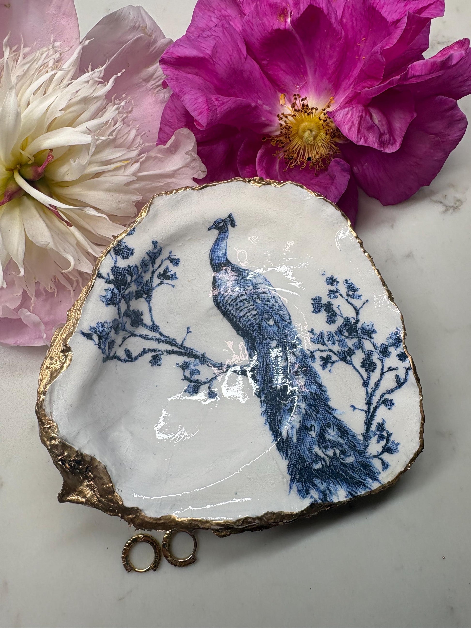 Hand-Decoupaged Oyster Shell Ring Dish | Blue Peacock Chinoiserie Gold Edge Tray