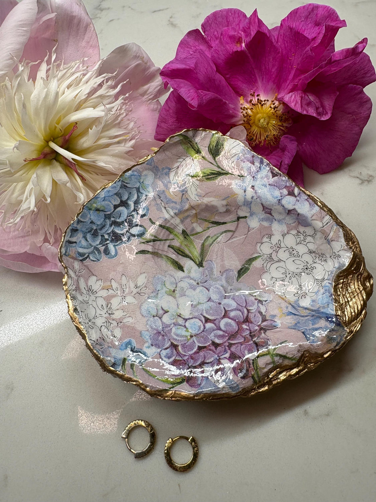 Hydrangea Decoupage Oyster Shell Ring Dish | Gold Edge Jewellery Tray