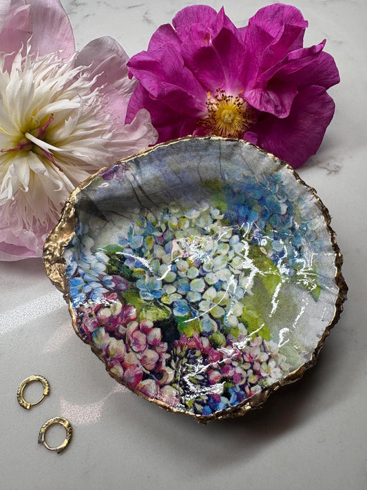 Decoupage Oyster Shell Dish | Hydrangea Floral Art, Gold Edge Trinket, Cottagecore Home Décor