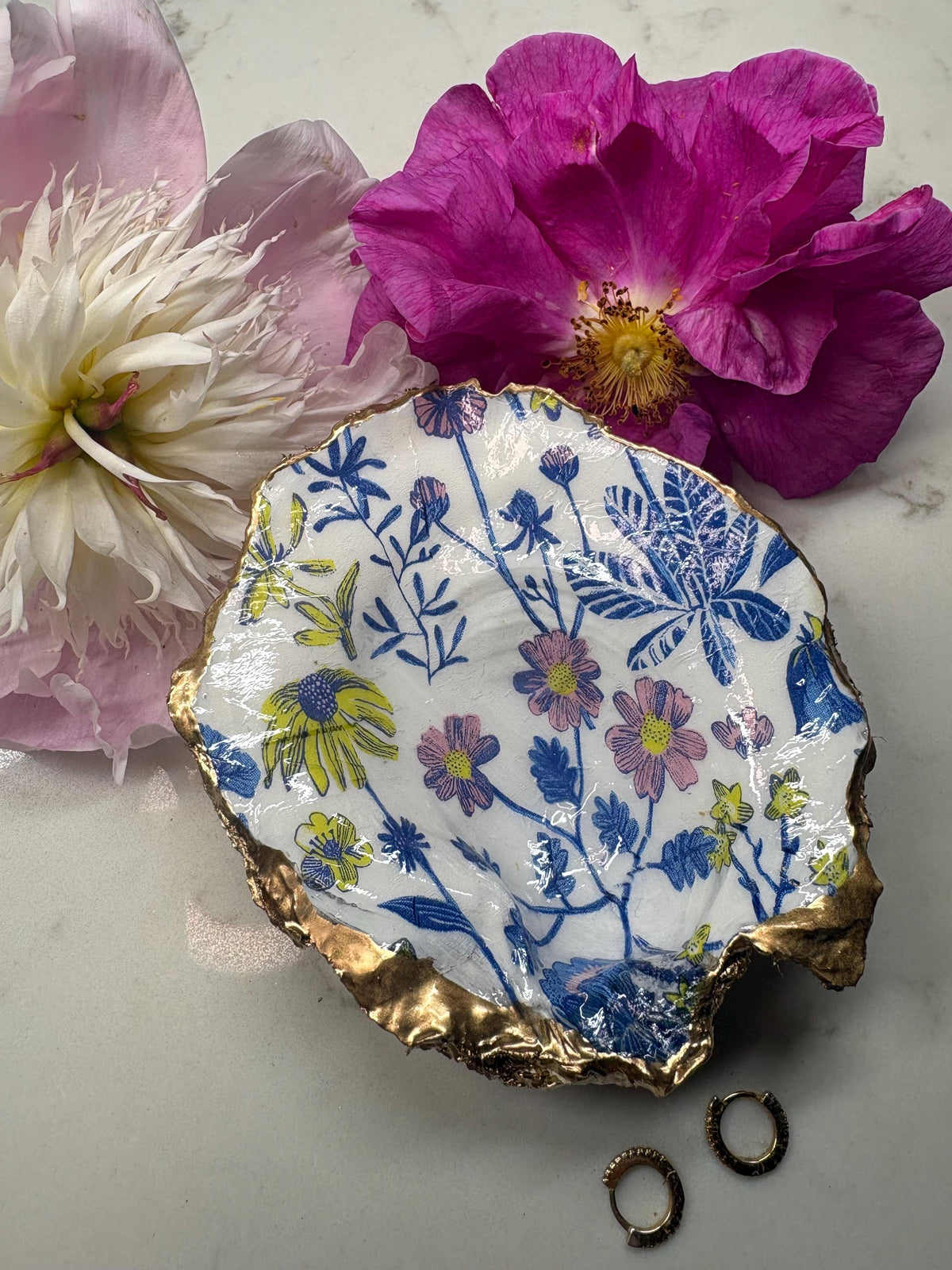 Decoupage Oyster Shell Dish | Wildflower Botanical Print, Gold Edge Ring Tray