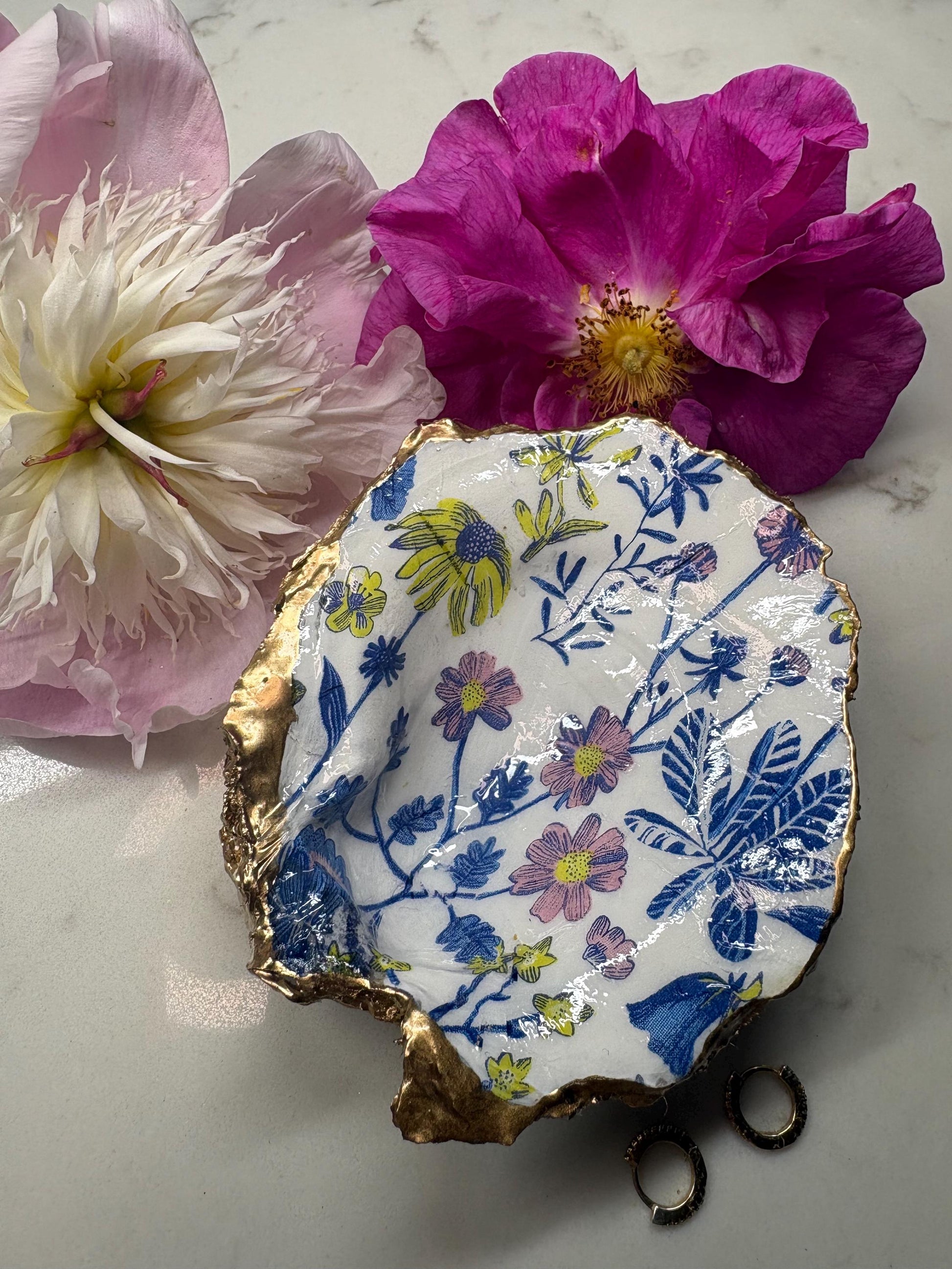 Decoupage Oyster Shell Dish | Wildflower Botanical Print, Gold Edge Ring Tray