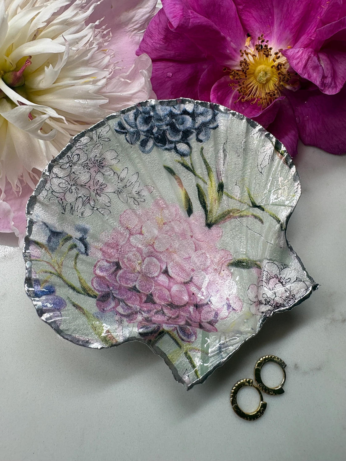 Decoupage Scallop Shell Trinket Dish | Hyacinth Floral, Silver Chrome Edge, Ring Holder