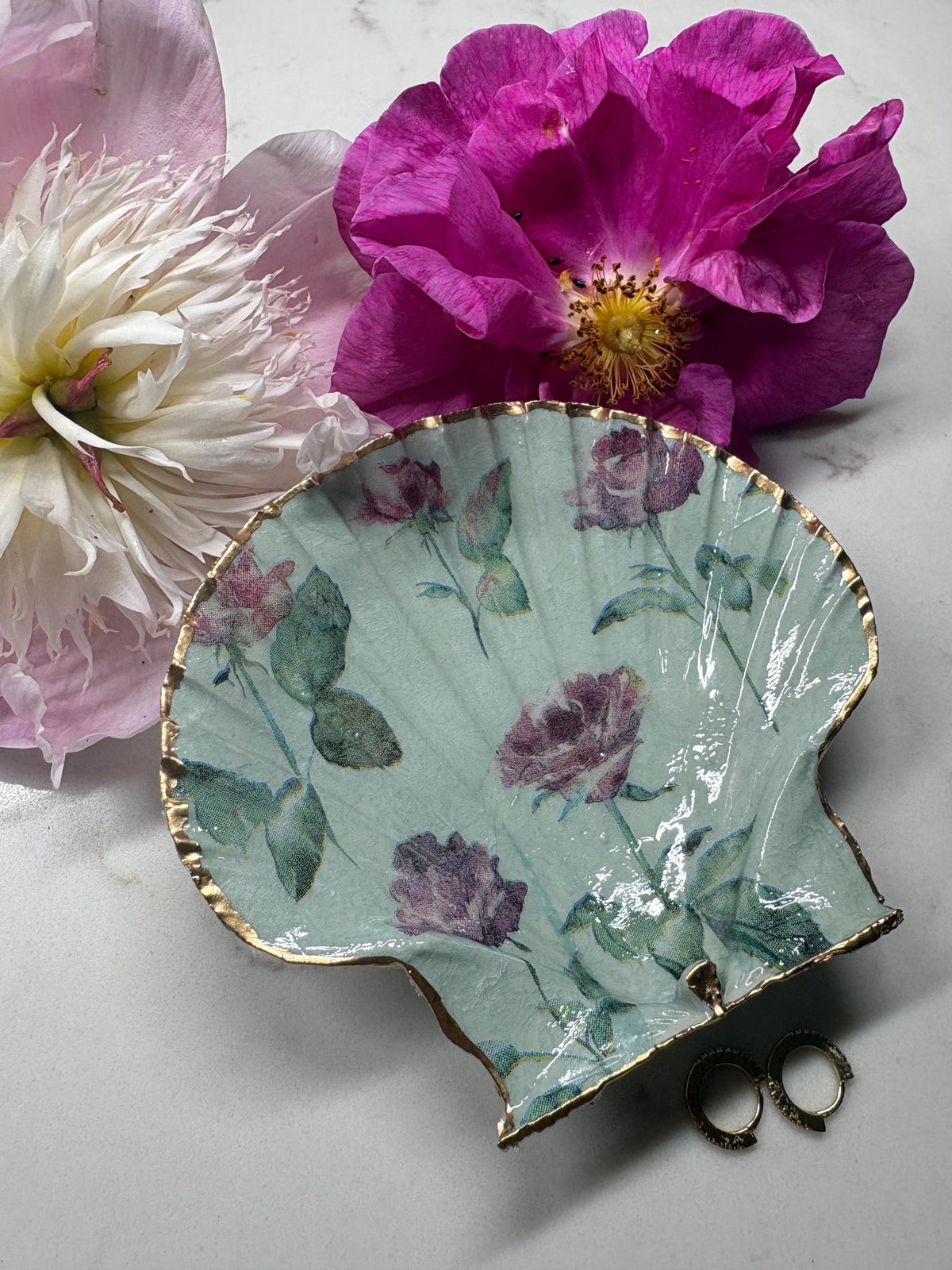 Decoupage Scallop Shell Trinket Dish | Vintage Rose Gold Edge Jewellery Holder