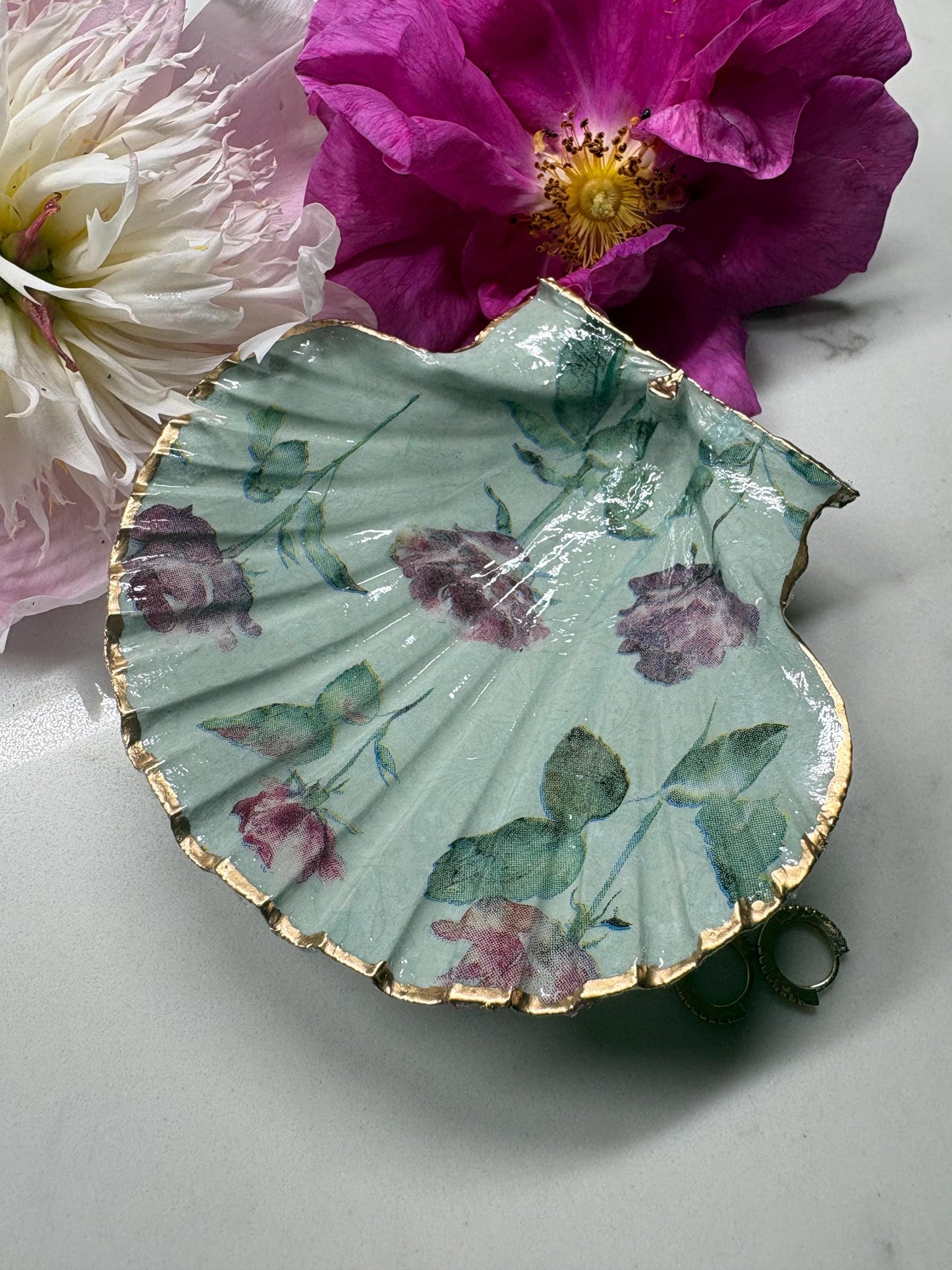Decoupage Scallop Shell Trinket Dish | Vintage Rose Gold Edge Jewellery Holder