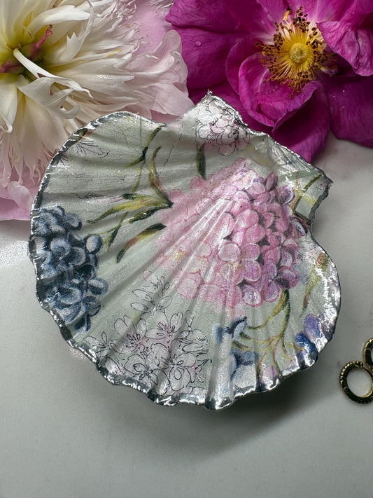 Decoupage Scallop Shell Trinket Dish | Hyacinth Floral, Silver Chrome Edge, Ring Holder