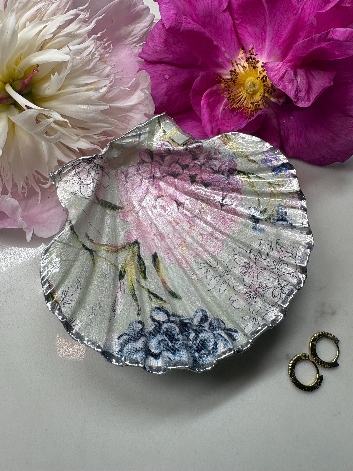 Decoupage Scallop Shell Trinket Dish | Hyacinth Floral, Silver Chrome Edge, Ring Holder