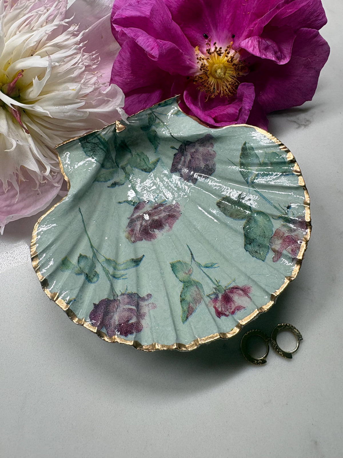 Decoupage Scallop Shell Trinket Dish | Vintage Rose Gold Edge Jewellery Holder