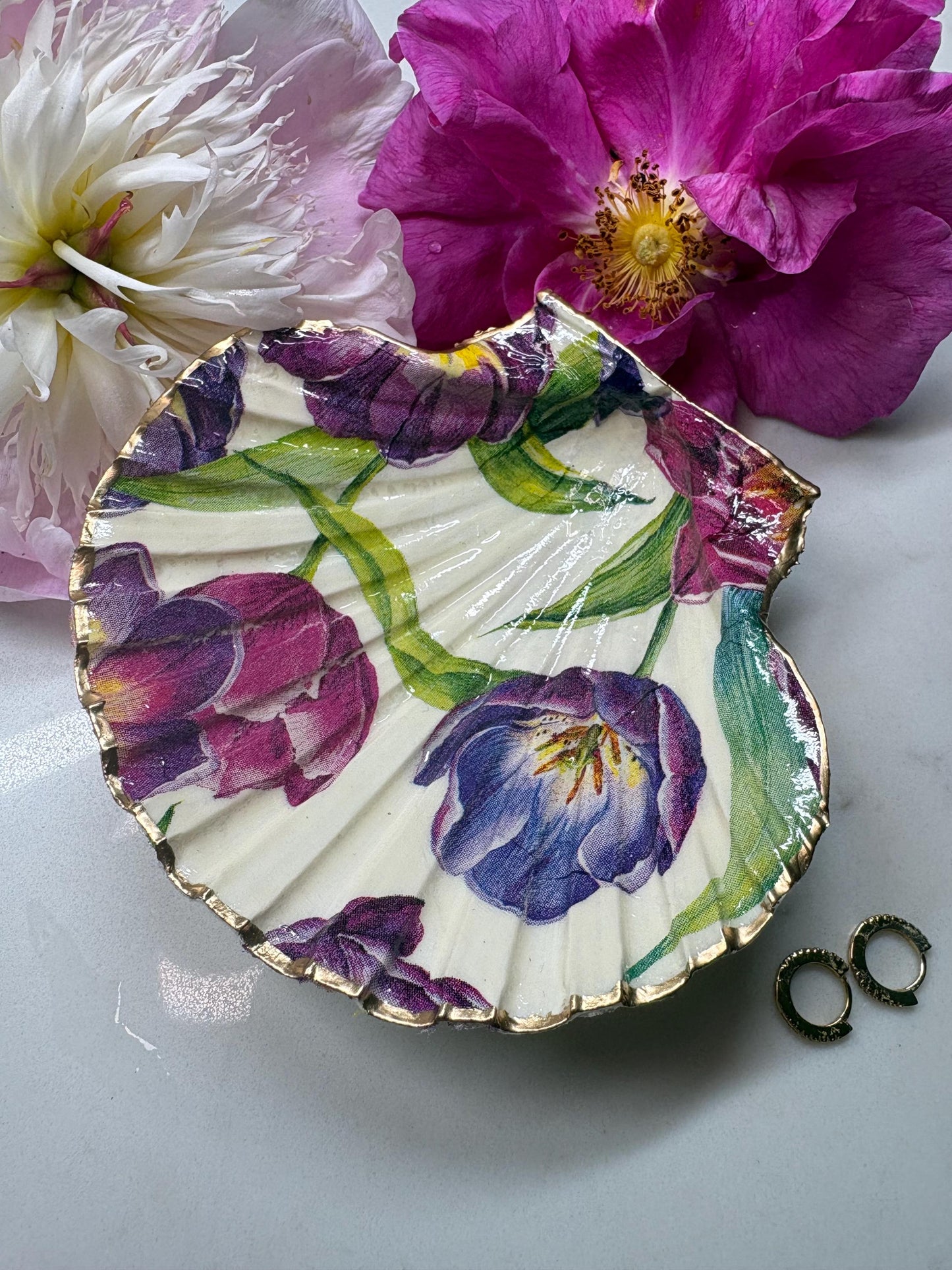 Purple Tulip Decoupage Scallop Shell Dish | Gold Gilded Edge Trinket Holder | Botanical Floral Decor