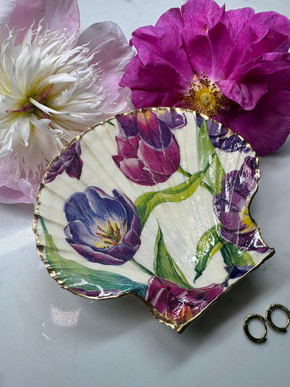 Purple Tulip Decoupage Scallop Shell Dish | Gold Gilded Edge Trinket Holder | Botanical Floral Decor
