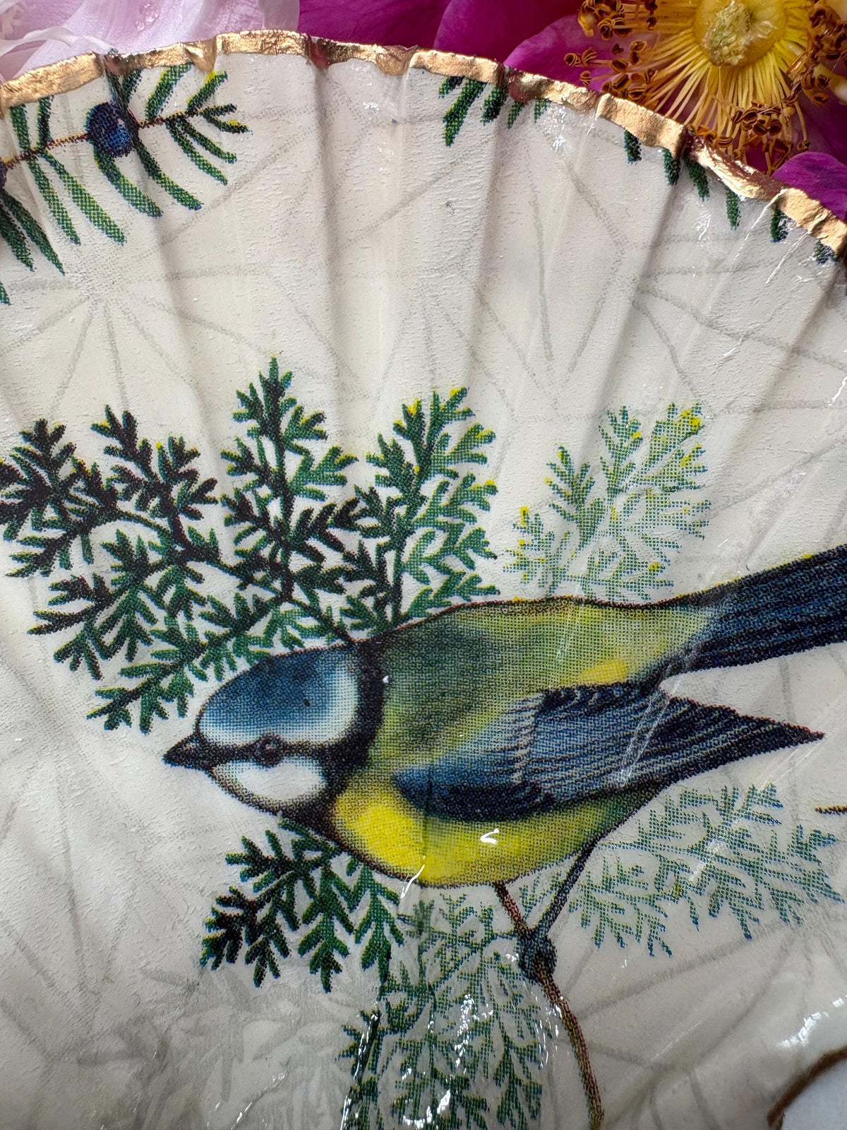 Blue Tit Bird Trinket Dish, Decoupage Scallop Shell Ring Dish, Gold Gilded Edge, Botanical Bird Jewellery Dish, Nature Lover Gift