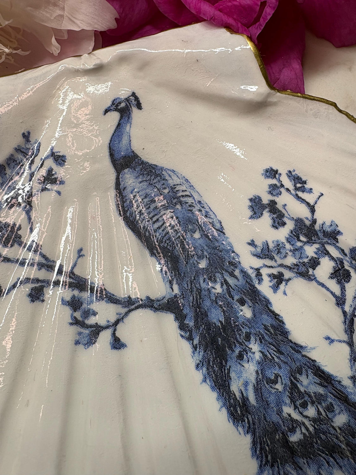 Scallop Shell Trinket Dish | Chinoiserie Blue Peacock, Gold Edge Ring Holder