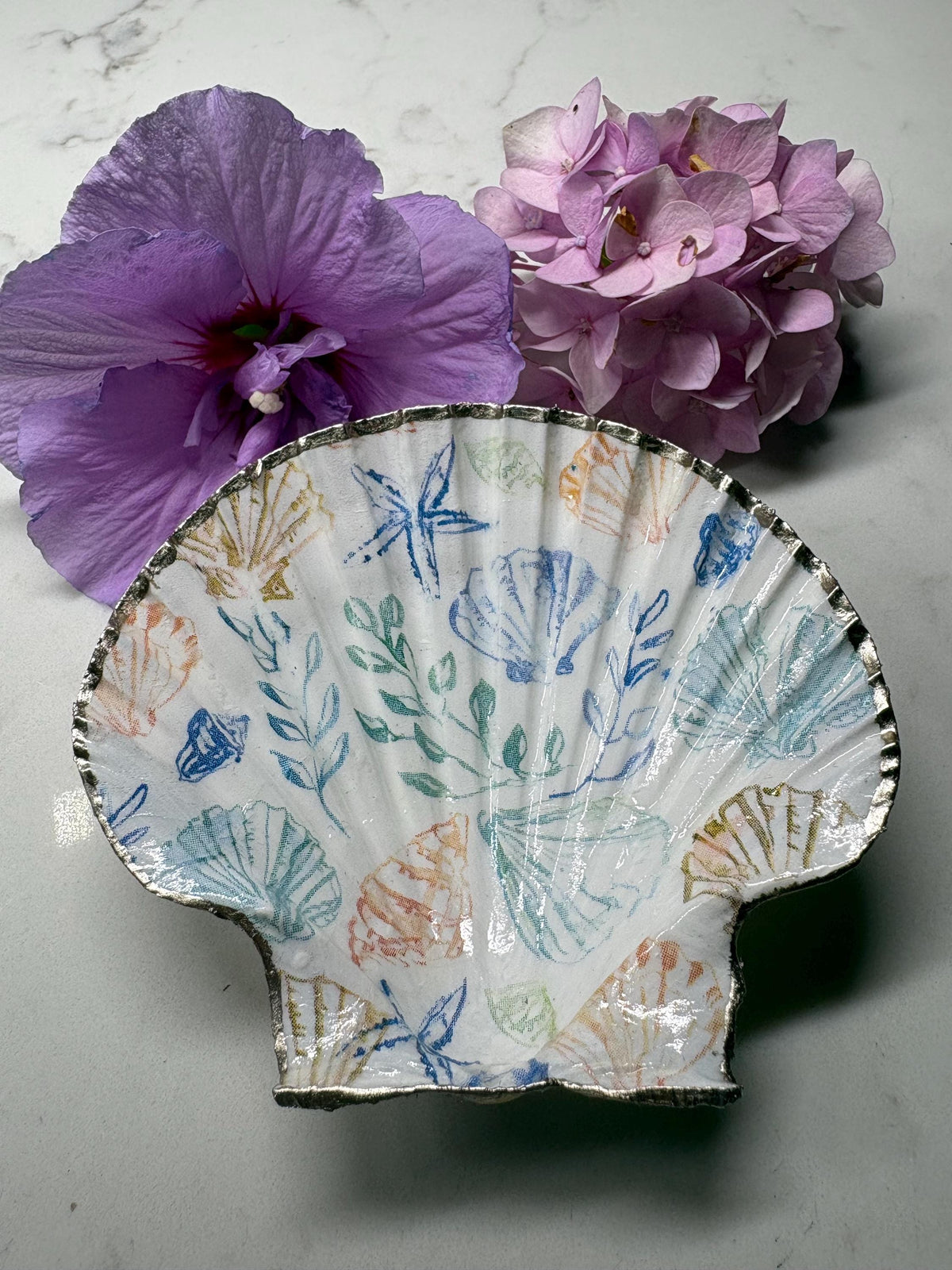 Handmade Scallop Shell Trinket Dish, Gold Gilded Edge, Coastal Beach Decor