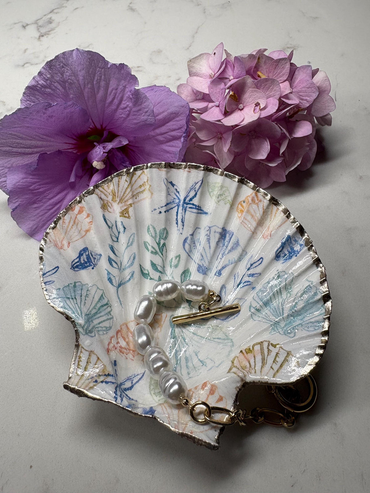 Handmade Scallop Shell Trinket Dish, Gold Gilded Edge, Coastal Beach Decor