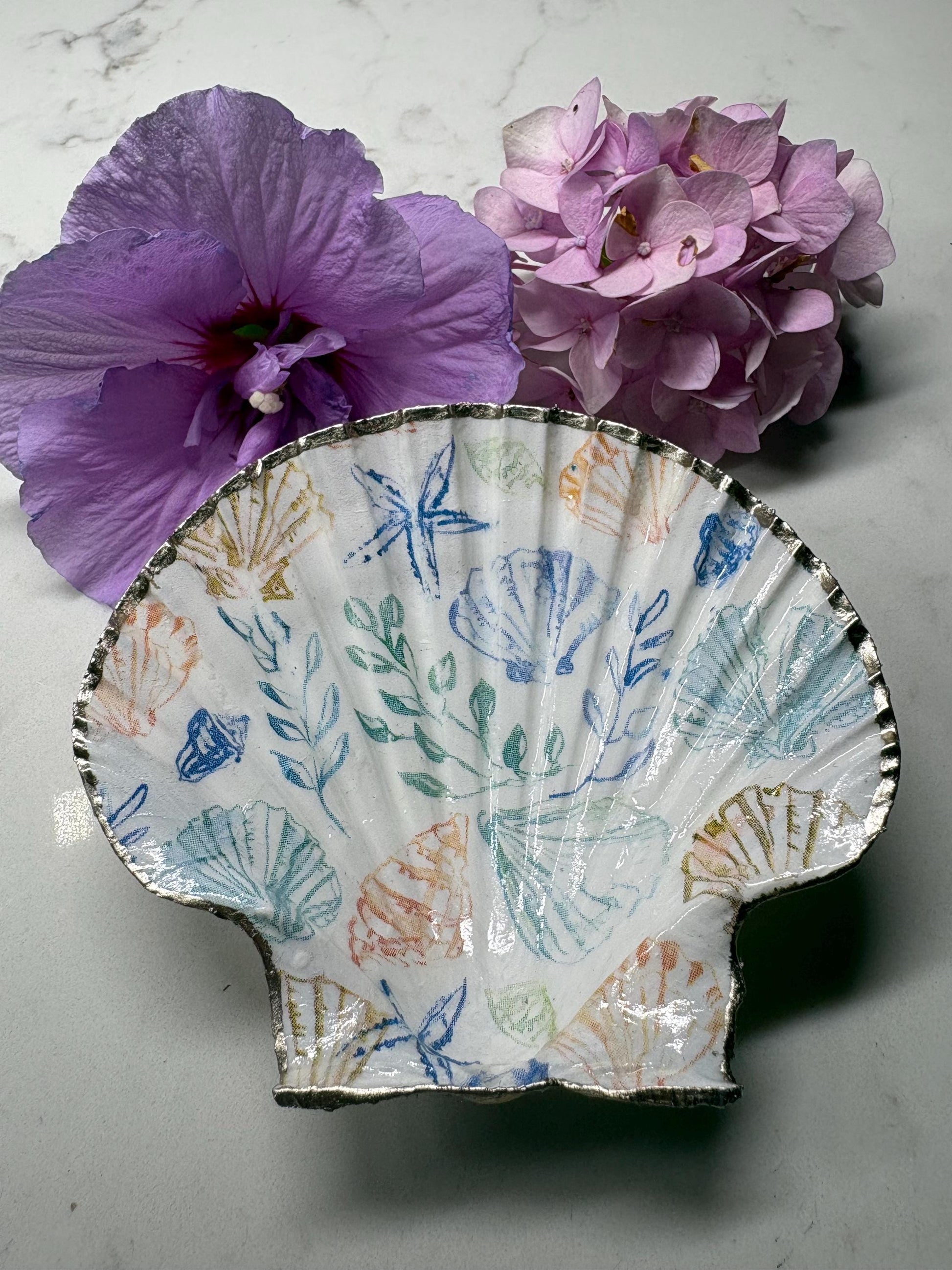 Handmade Scallop Shell Trinket Dish, Gold Gilded Edge, Coastal Beach Decor