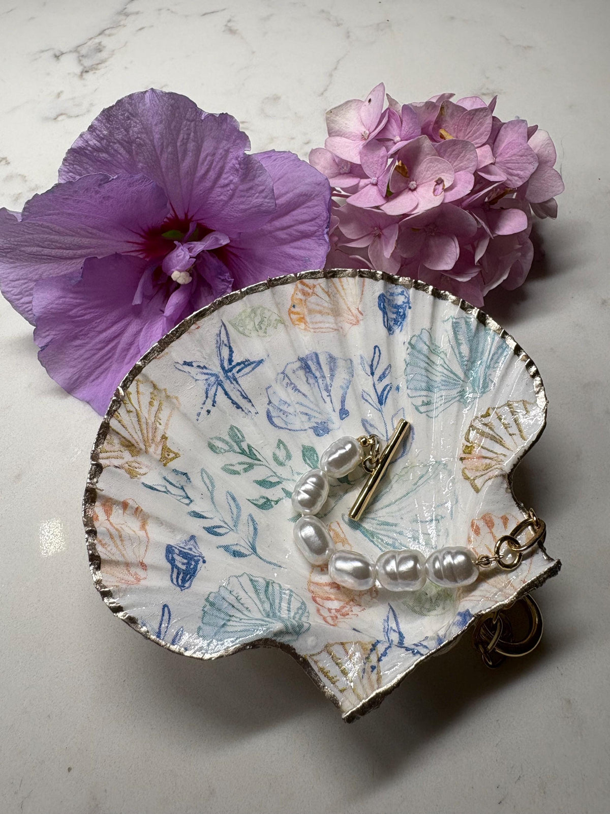 Handmade Scallop Shell Trinket Dish, Gold Gilded Edge, Coastal Beach Decor