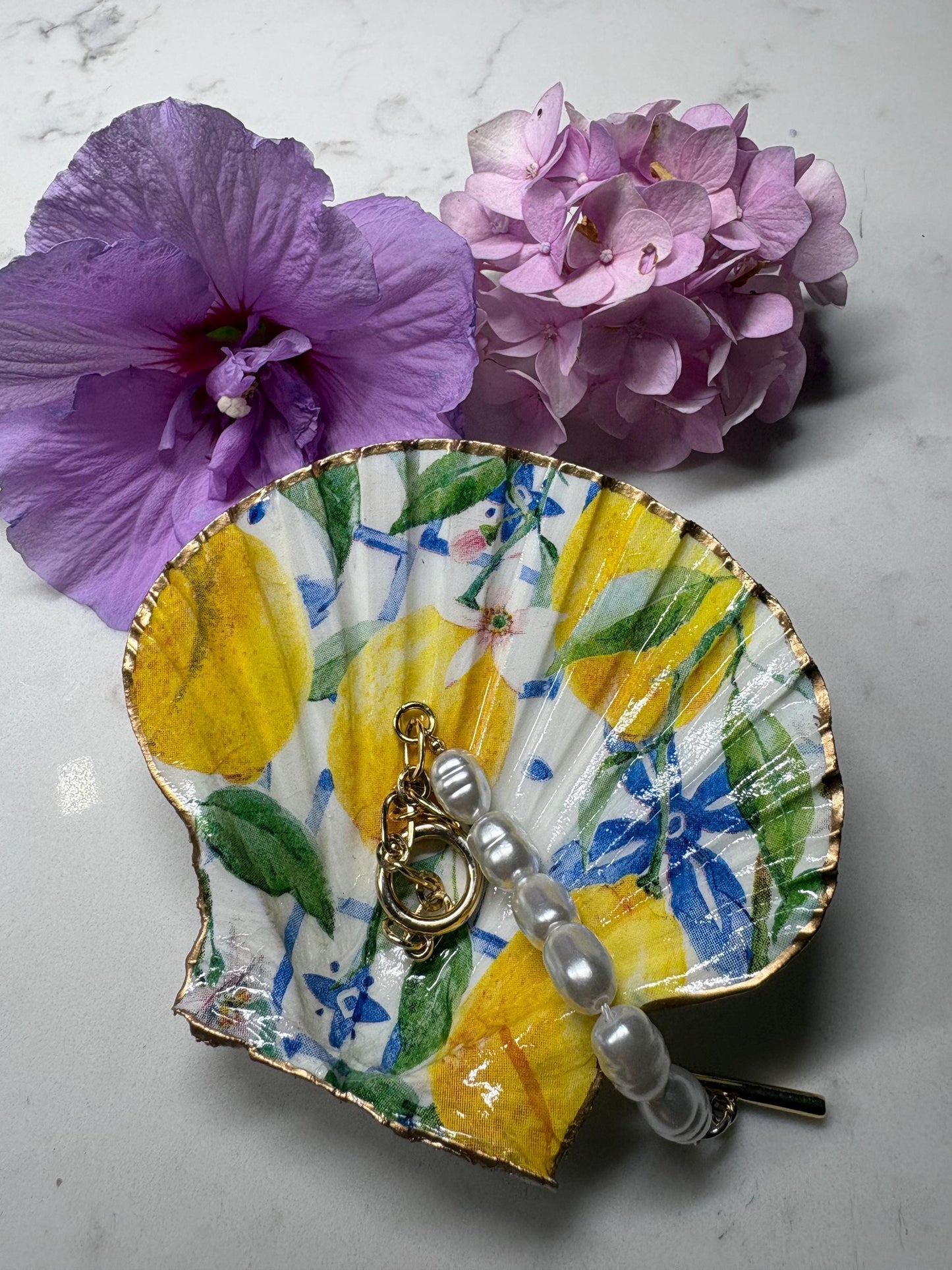 Scallop Shell Trinket Dish | Lemon Blue Mediterranean Decoupage Ring Holder