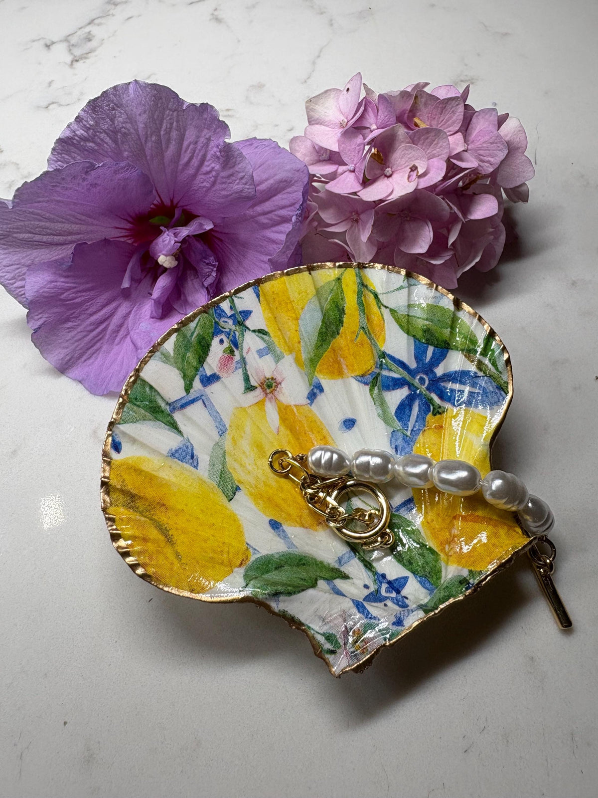 Scallop Shell Trinket Dish | Lemon Blue Mediterranean Decoupage Ring Holder