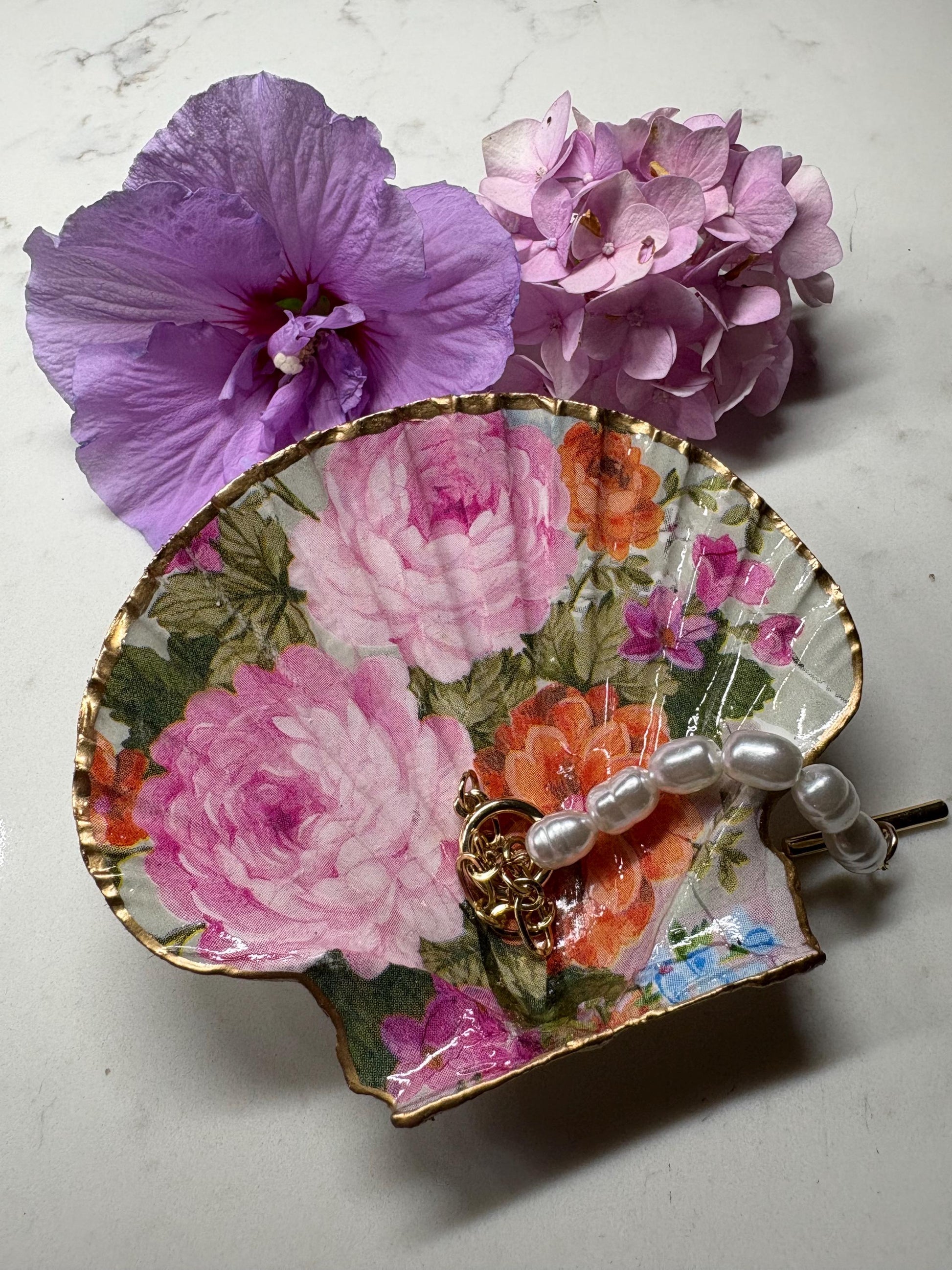 Floral Decoupage Scallop Shell Trinket Dish | Pink Peony Rose Gold Edge Jewellery Tray