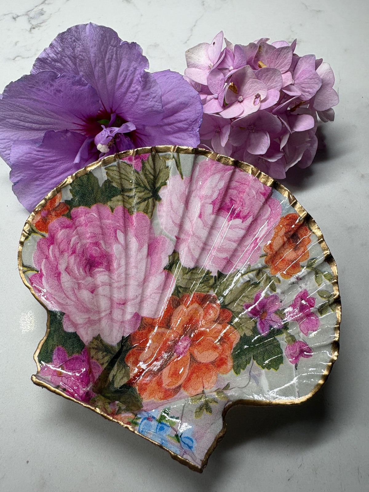 Floral Decoupage Scallop Shell Trinket Dish | Pink Peony Rose Gold Edge Jewellery Tray