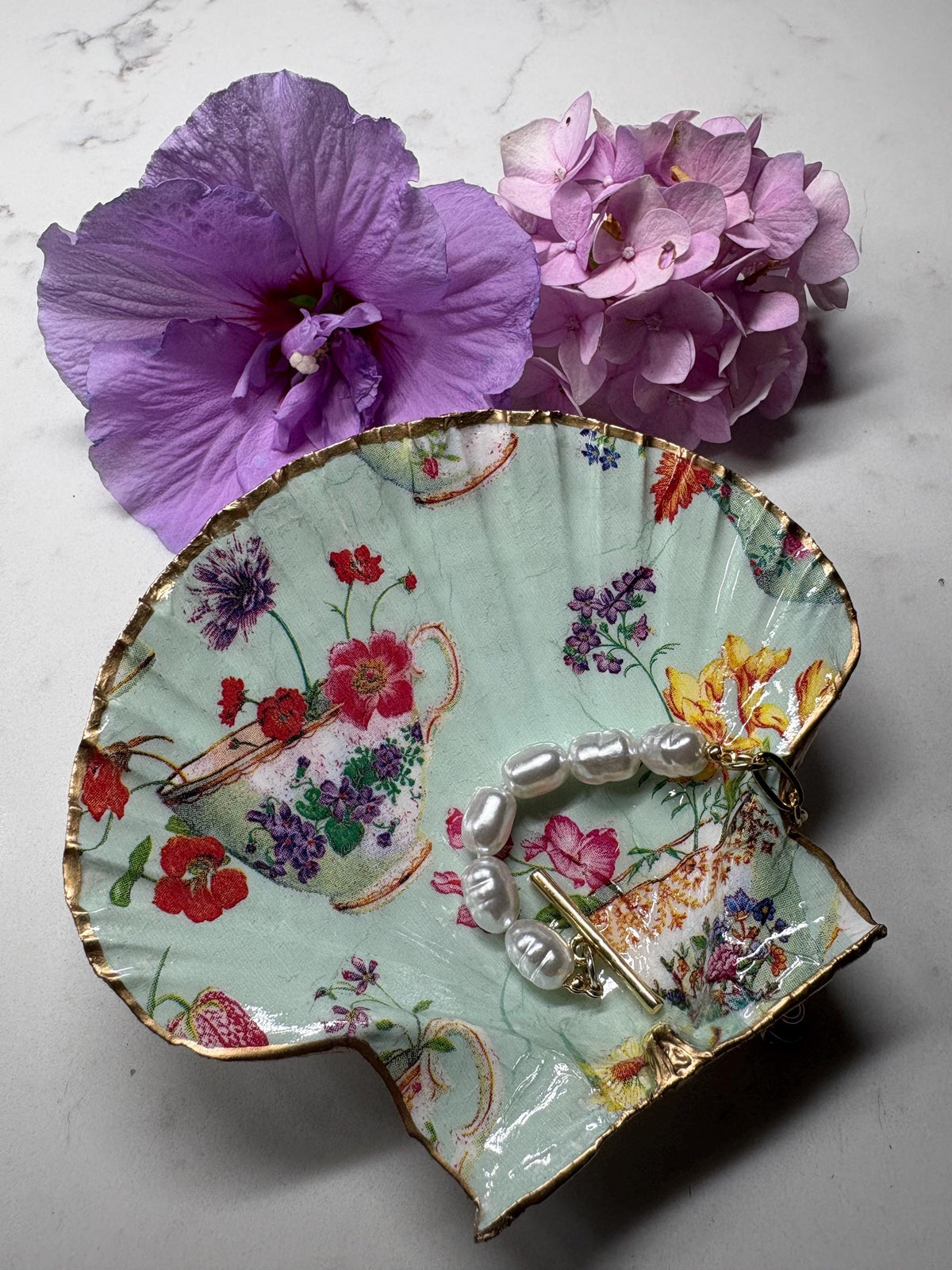 Vintage Teacup Decoupage Shell Trinket Dish | Mint Green Floral Ring Holder