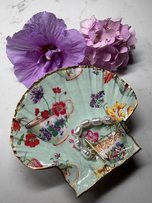 Vintage Teacup Decoupage Shell Trinket Dish | Mint Green Floral Ring Holder