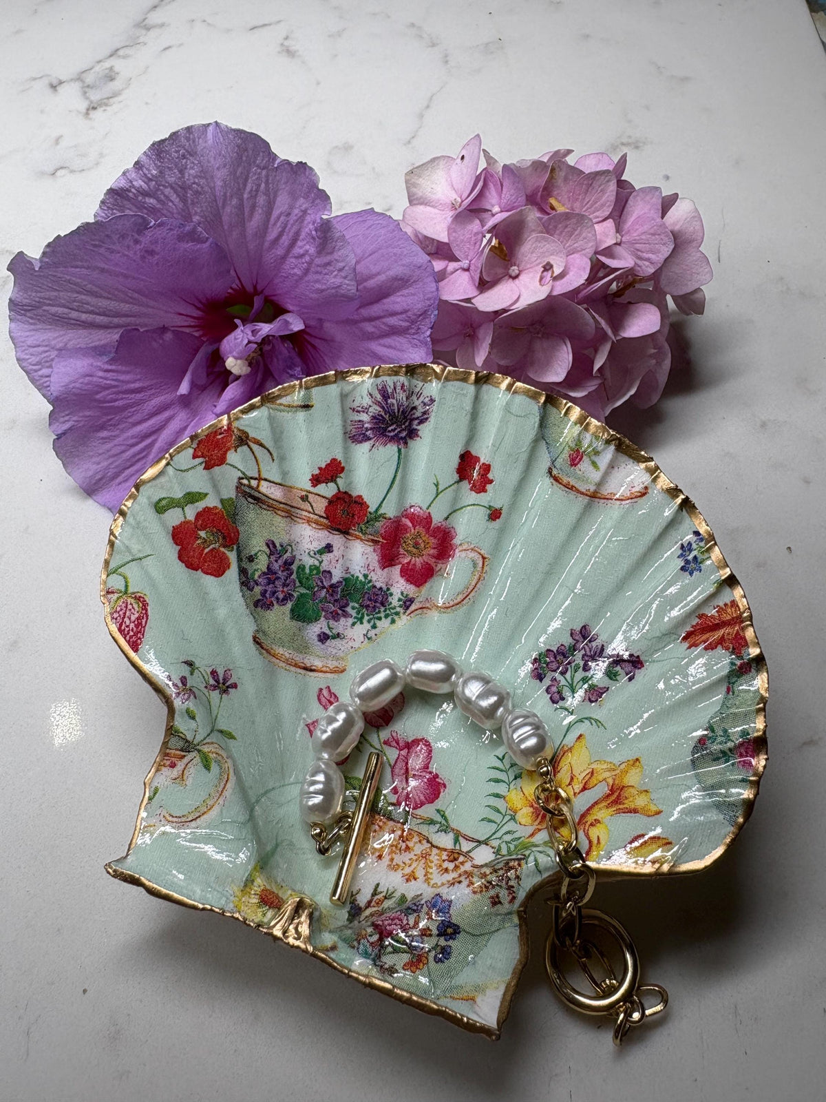 Vintage Teacup Decoupage Shell Trinket Dish | Mint Green Floral Ring Holder