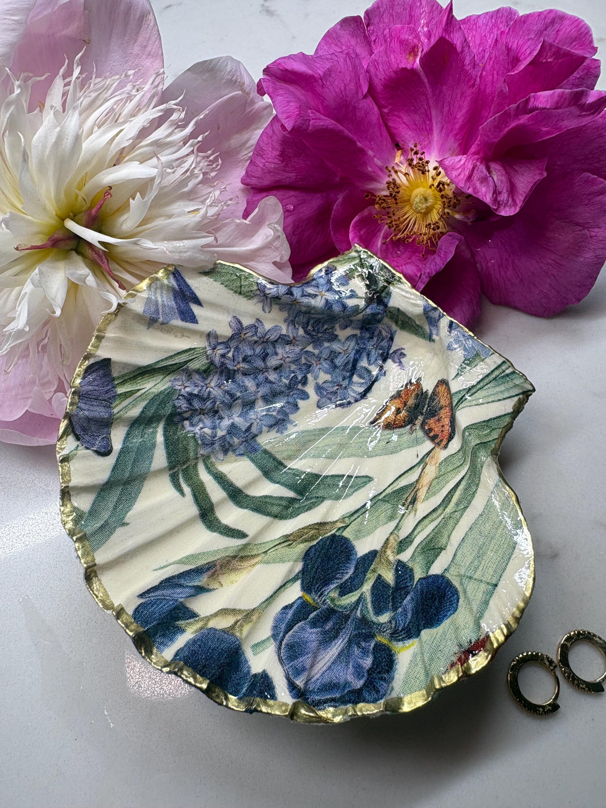 Decoupage Scallop Shell Trinket Dish | Botanical Iris Hyacinth Ring Holder