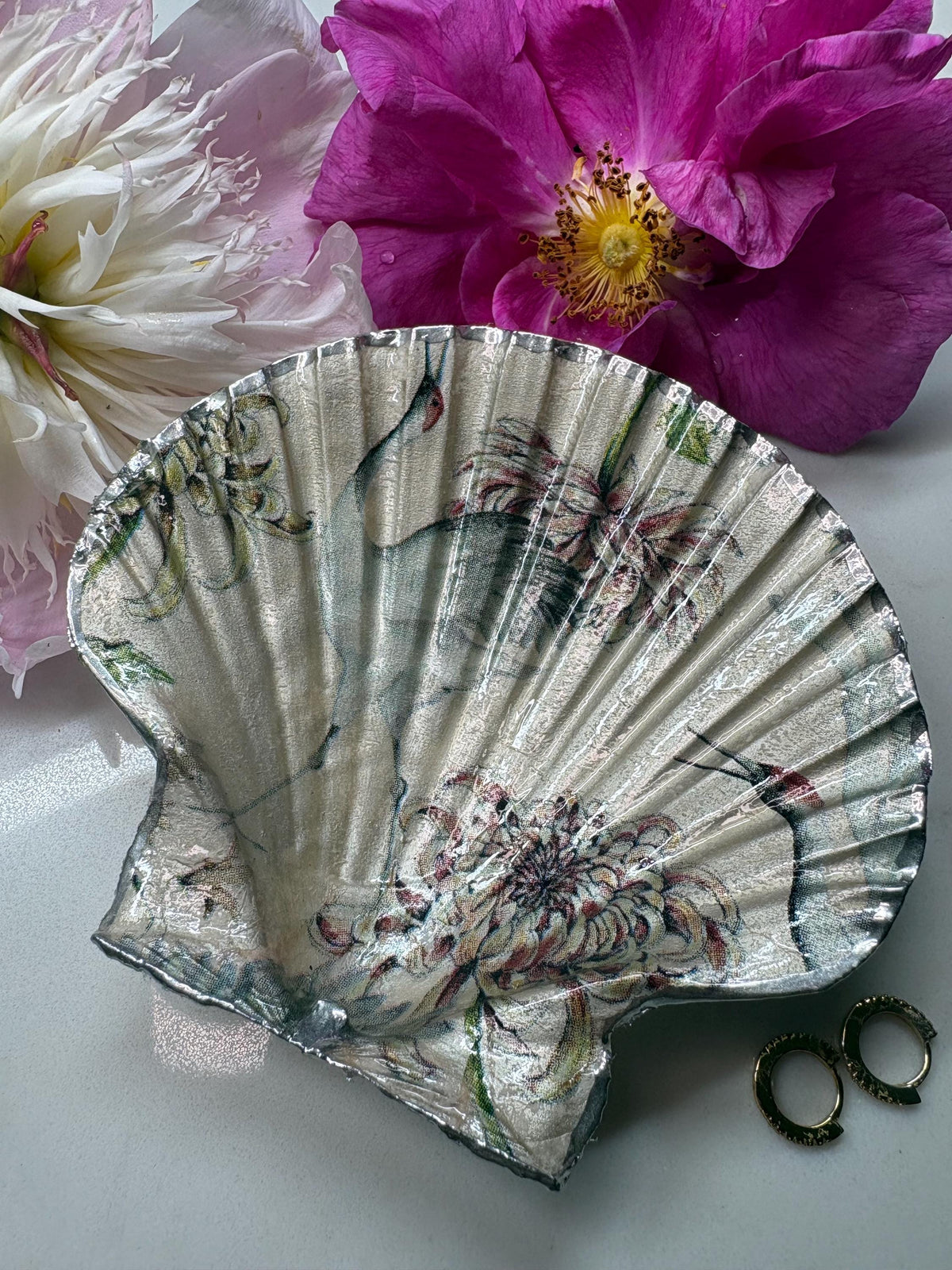 Silver Leaf Scallop Shell Trinket Dish | Chinoiserie Crane, Chrysanthemum | Ring Holder