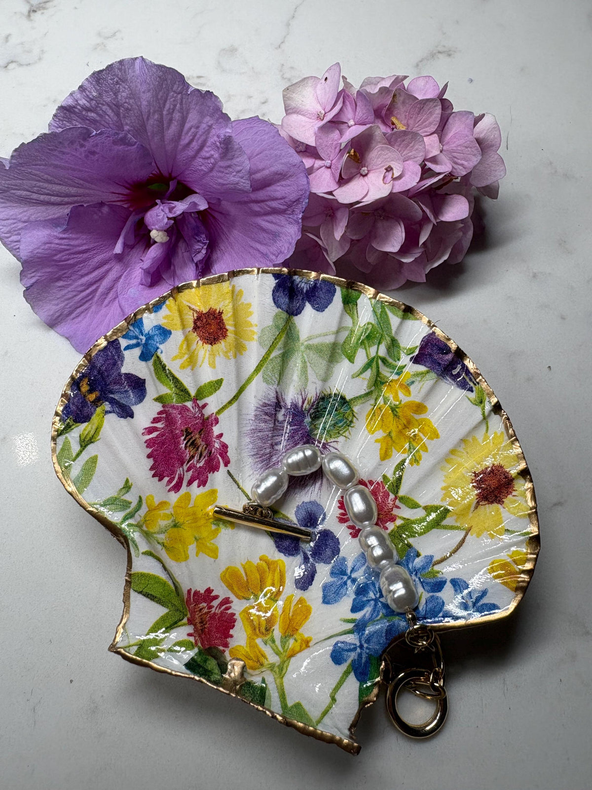 Wildflower Meadow Oyster Shell Trinket Dish | Botanical Ring Holder, Gold Edge