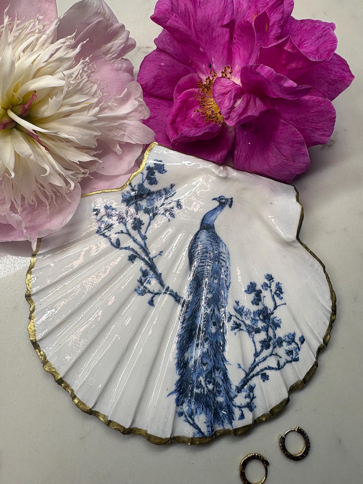 Scallop Shell Trinket Dish | Chinoiserie Blue Peacock, Gold Edge Ring Holder