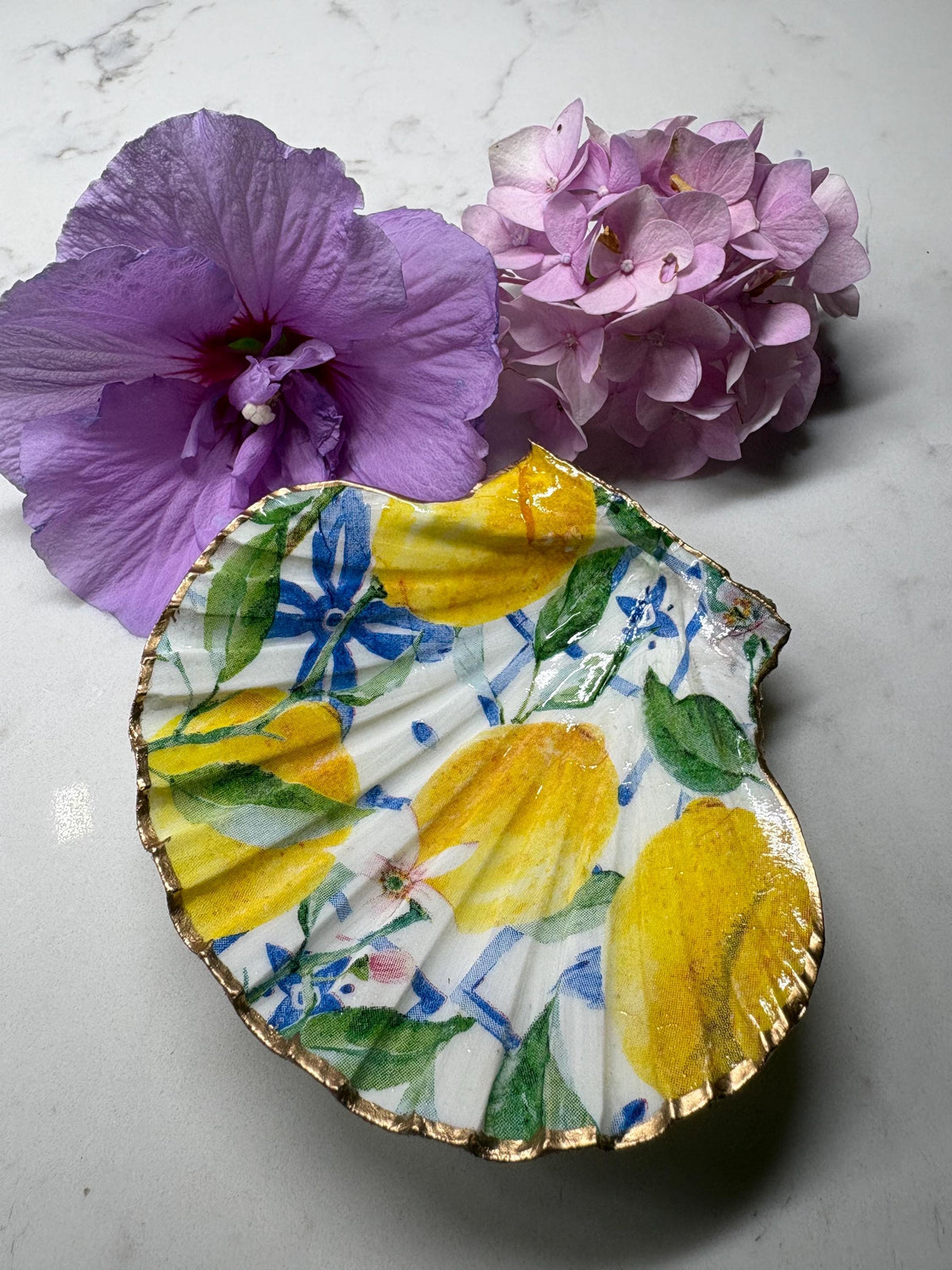 Scallop Shell Trinket Dish | Lemon Blue Mediterranean Decoupage Ring Holder