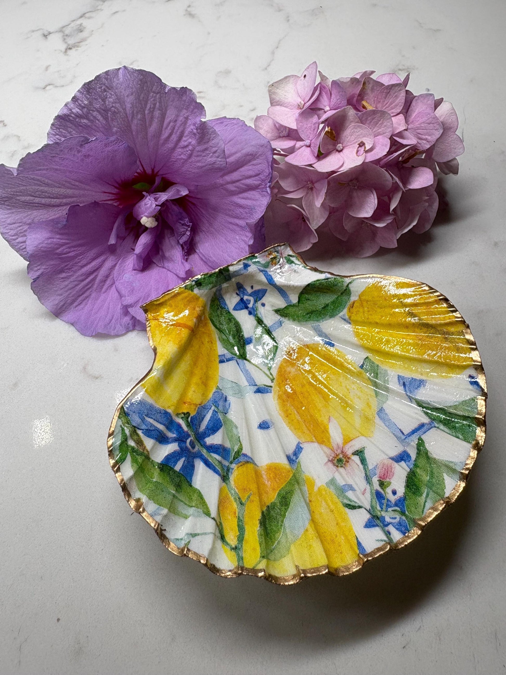 Scallop Shell Trinket Dish | Lemon Blue Mediterranean Decoupage Ring Holder