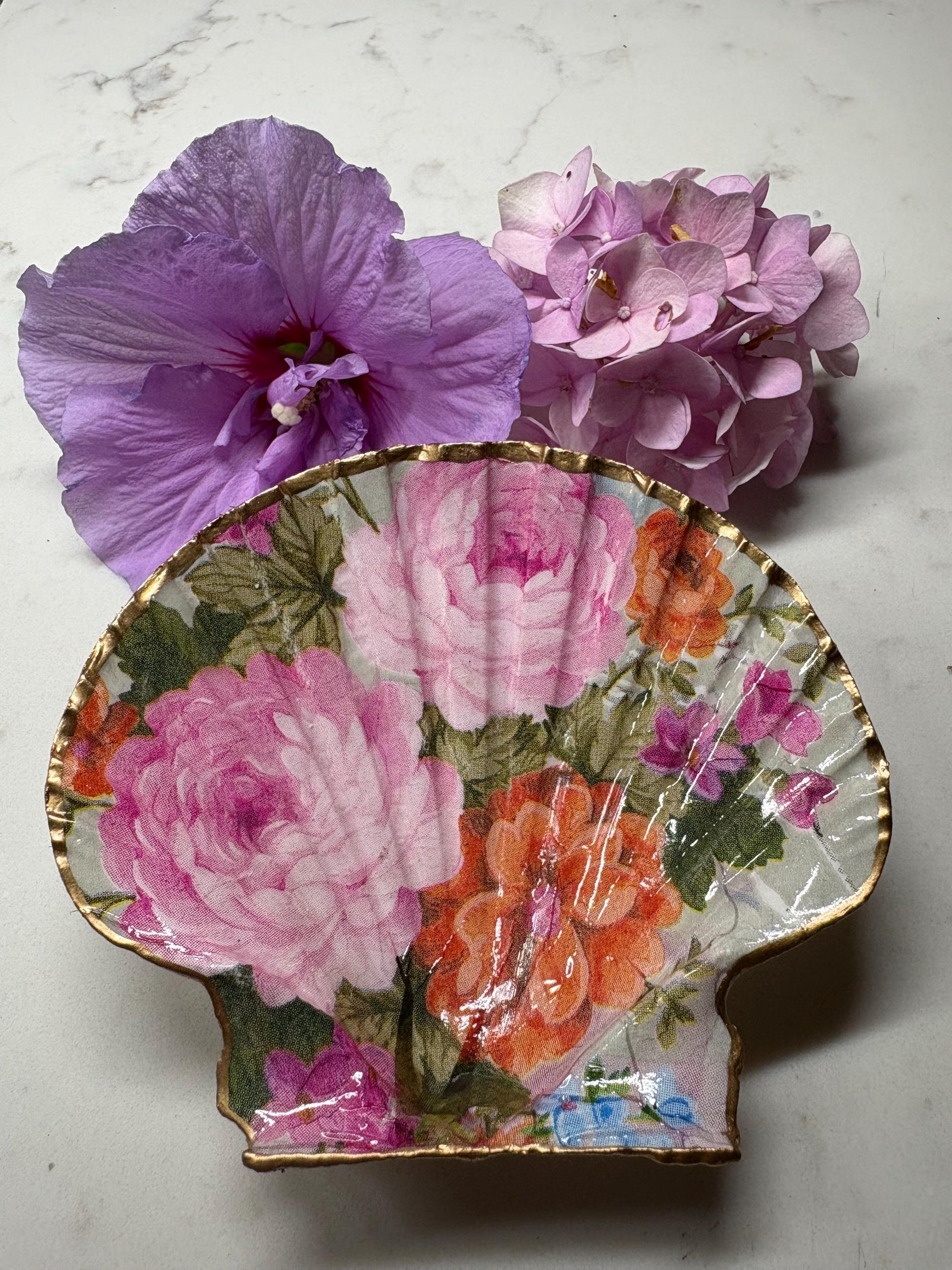 Floral Decoupage Scallop Shell Trinket Dish | Pink Peony Rose Gold Edge Jewellery Tray