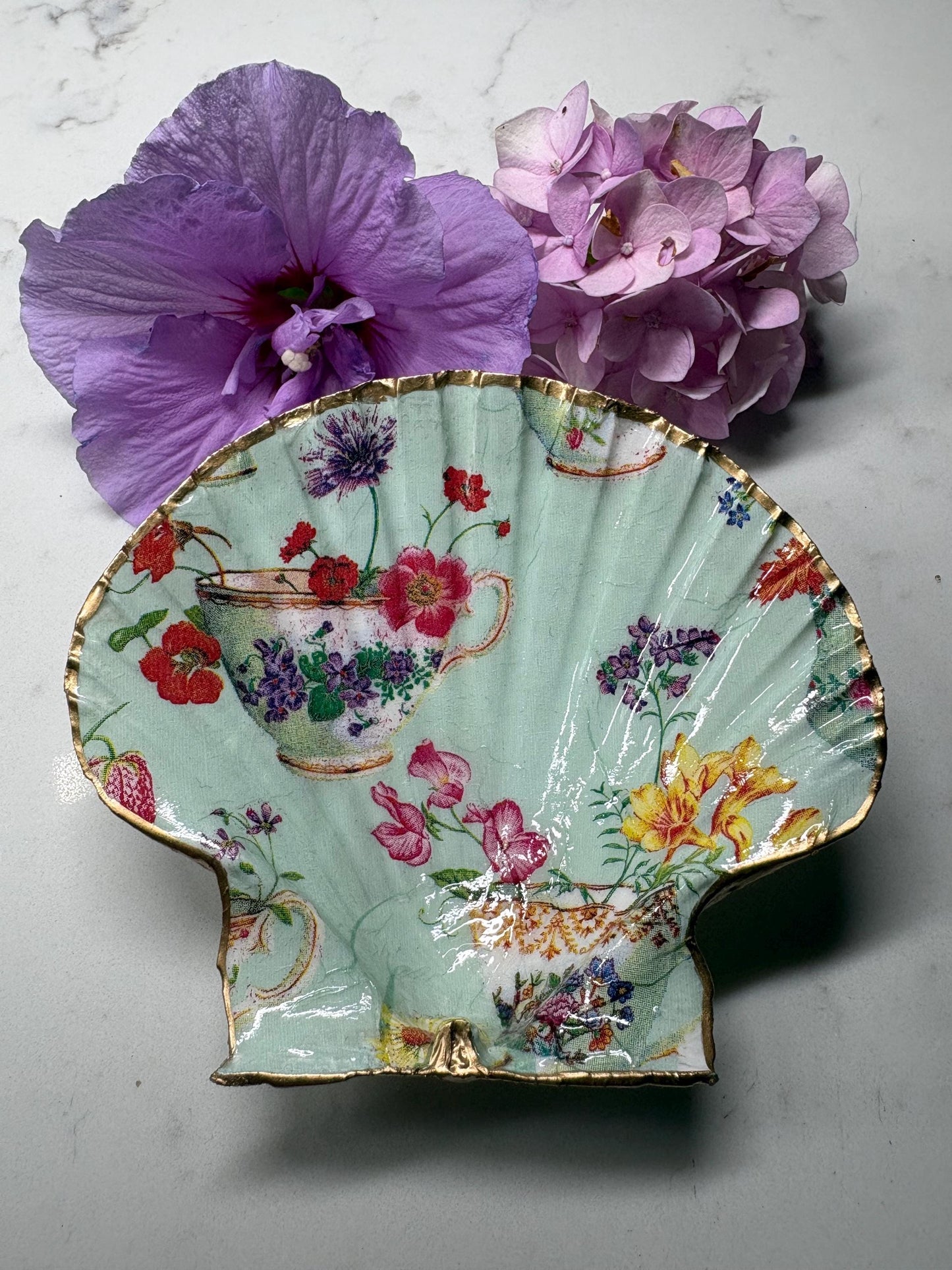 Vintage Teacup Decoupage Shell Trinket Dish | Mint Green Floral Ring Holder