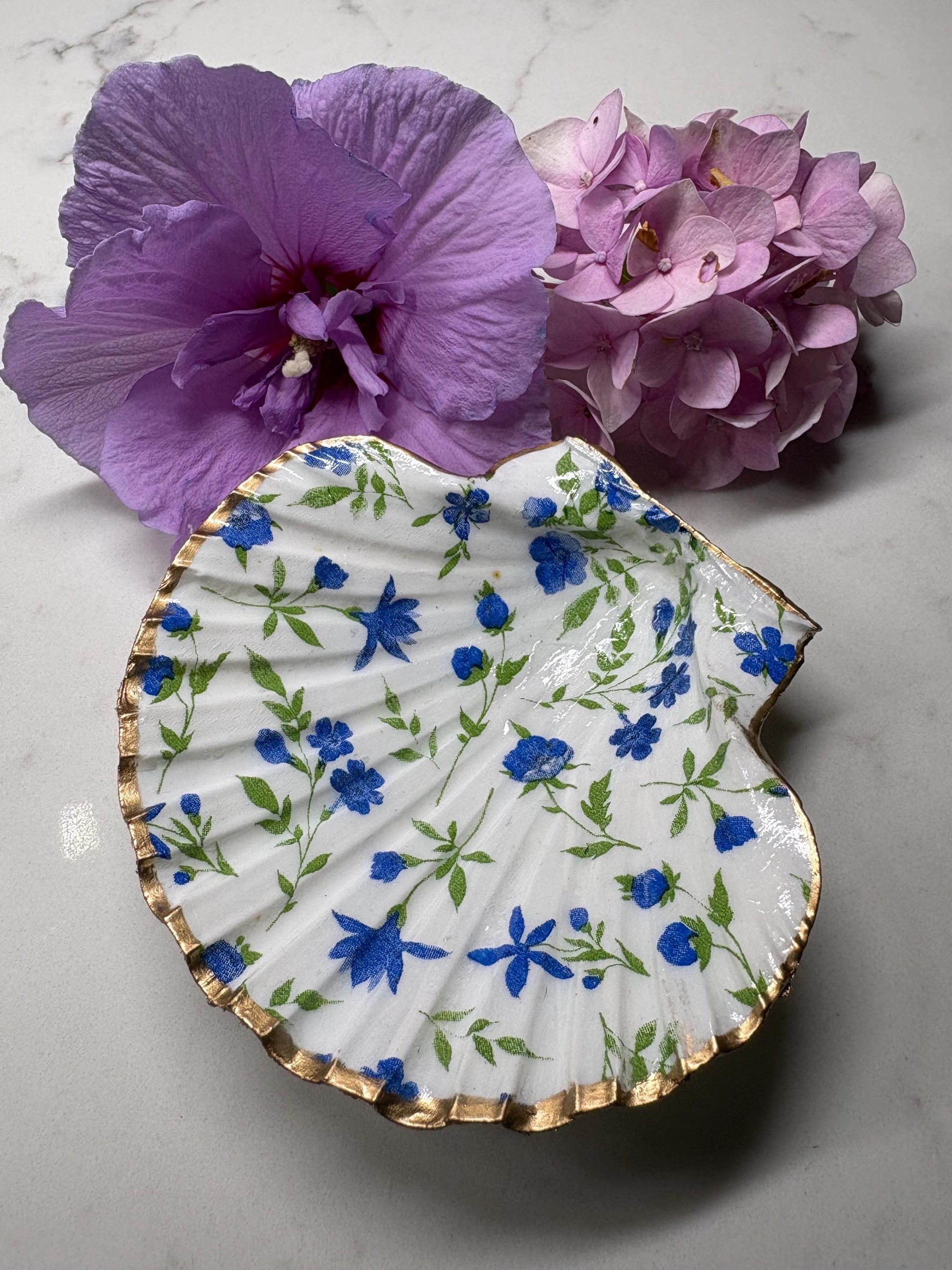 Gold Edged Scallop Shell Trinket Dish | Blue Floral Decoupage Ring Holder