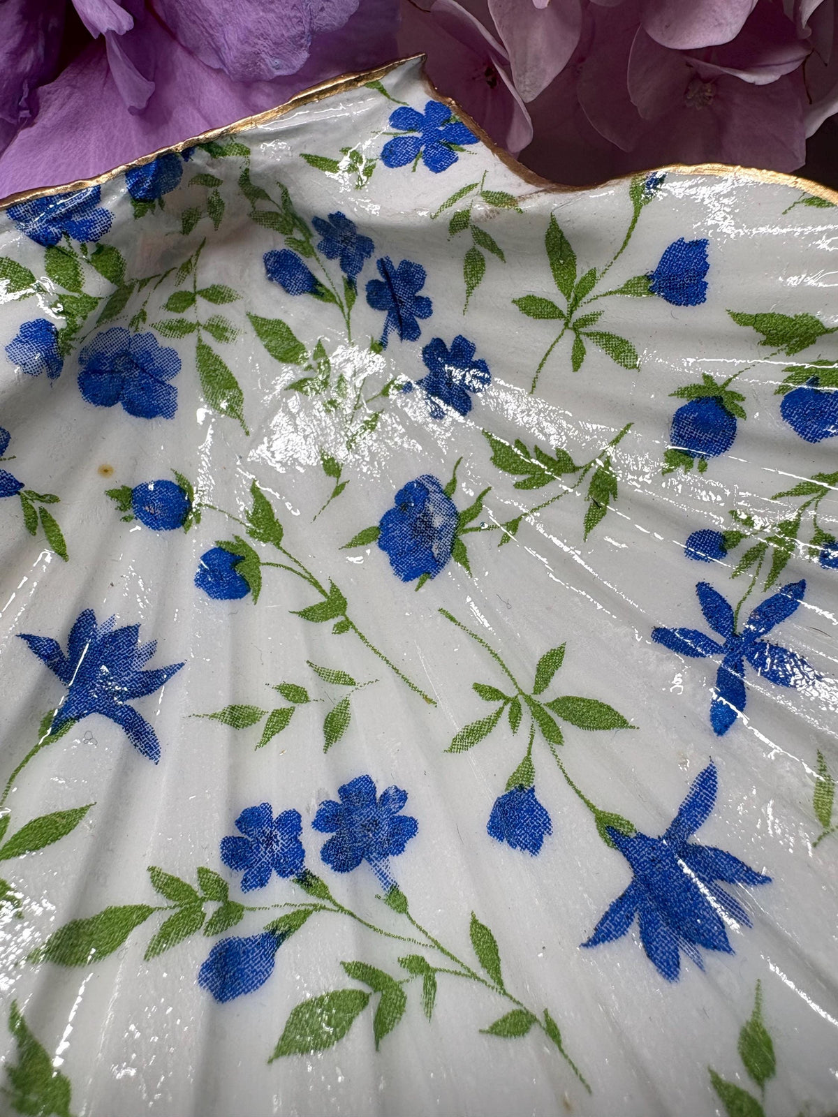 Gold Edged Scallop Shell Trinket Dish | Blue Floral Decoupage Ring Holder