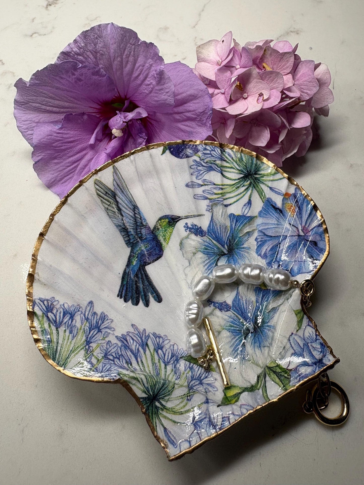 Hummingbird Floral Scallop Shell Trinket Dish | Gold Edge Ring Holder, Boho Beach Decor