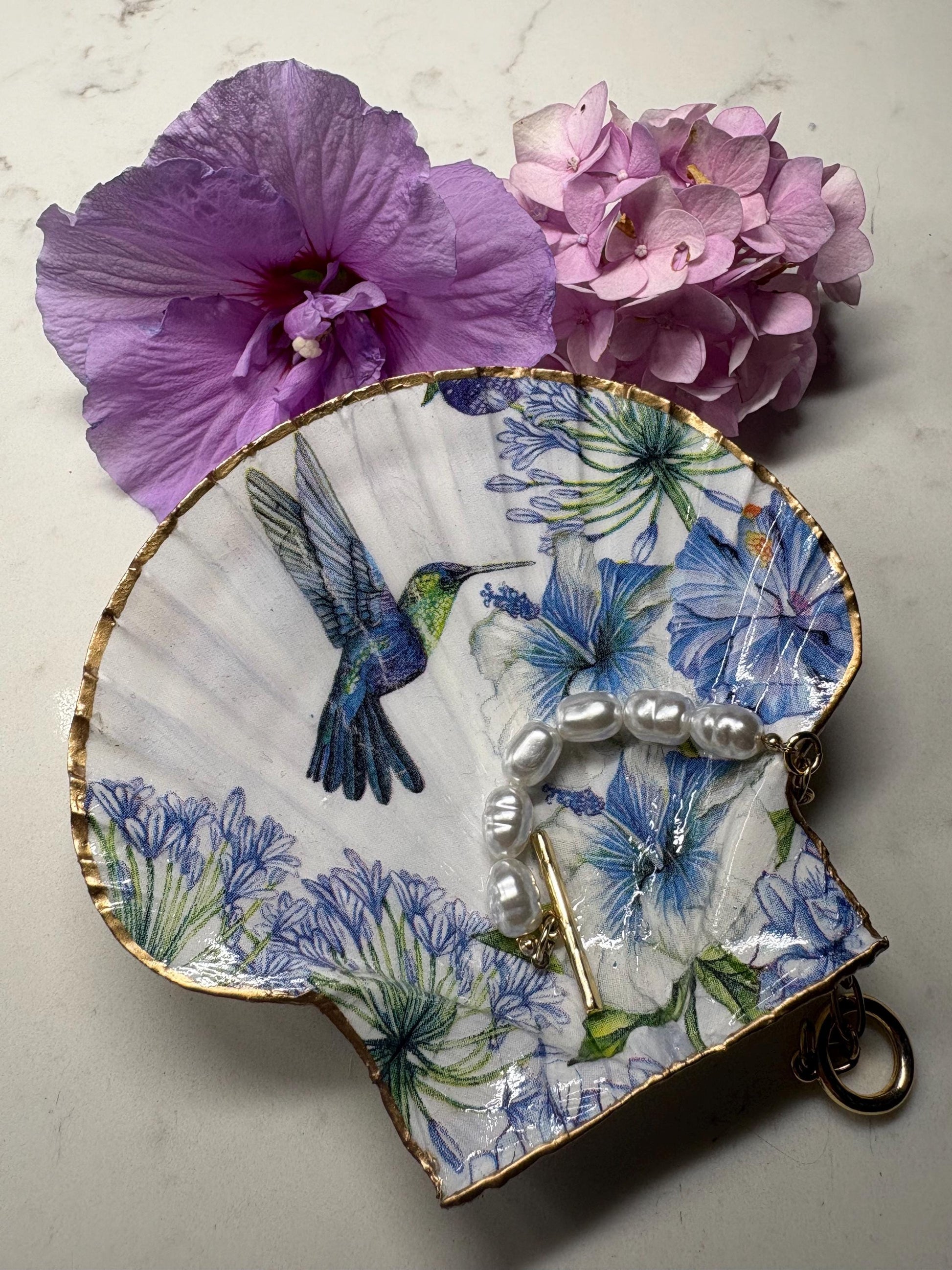 Hummingbird Floral Scallop Shell Trinket Dish | Gold Edge Ring Holder, Boho Beach Decor