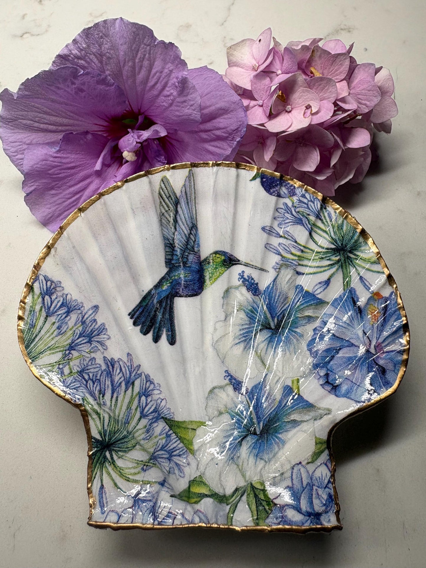 Hummingbird Floral Scallop Shell Trinket Dish | Gold Edge Ring Holder, Boho Beach Decor