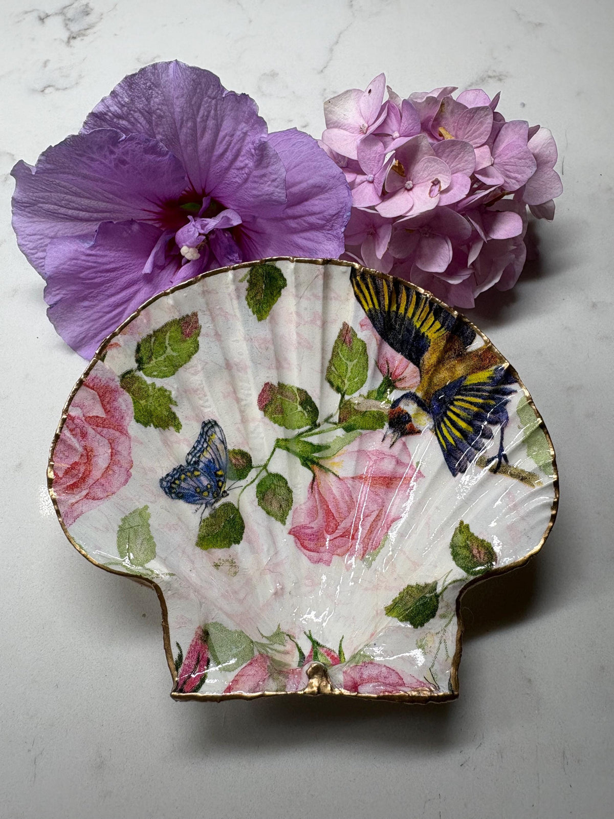 Vintage Rose Bluebird Shell Trinket Dish | Gold Edge Decoupage Ring Holder