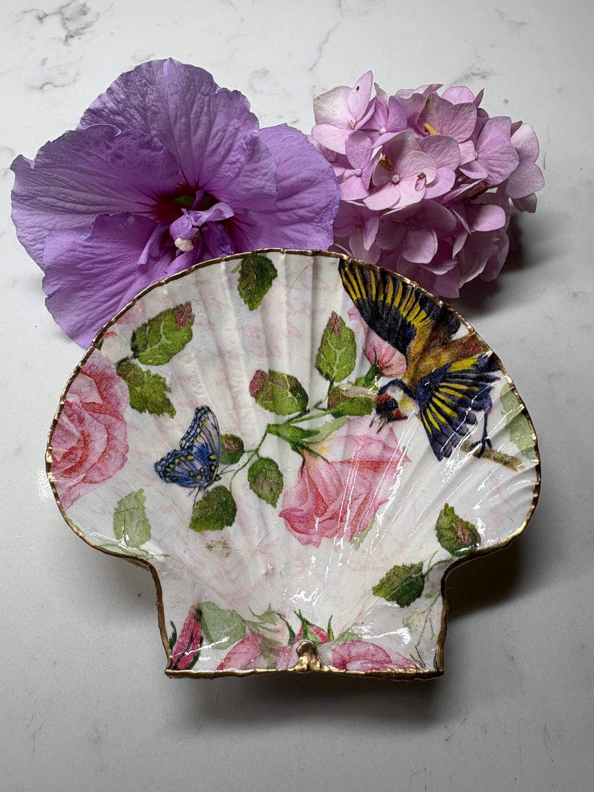 Vintage Rose Bluebird Shell Trinket Dish | Gold Edge Decoupage Ring Holder