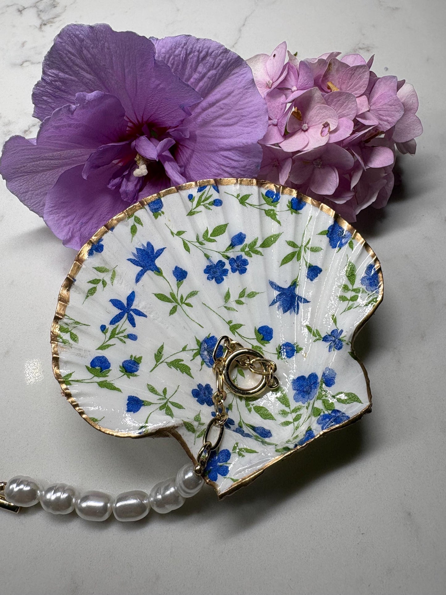 Gold Edged Scallop Shell Trinket Dish | Blue Floral Decoupage Ring Holder