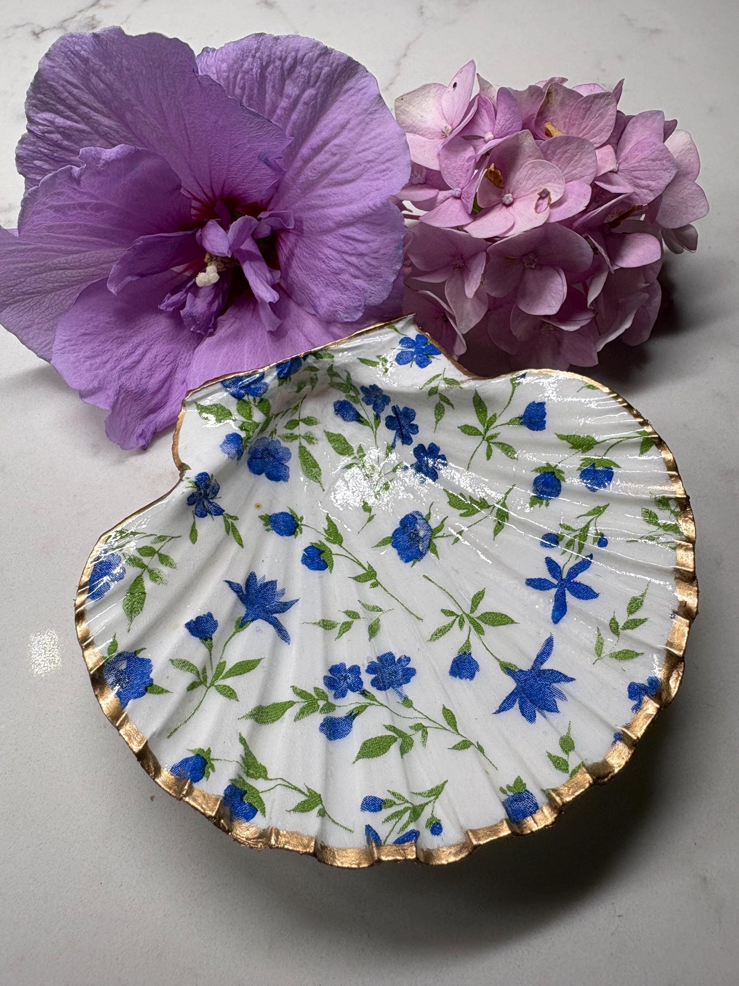Gold Edged Scallop Shell Trinket Dish | Blue Floral Decoupage Ring Holder