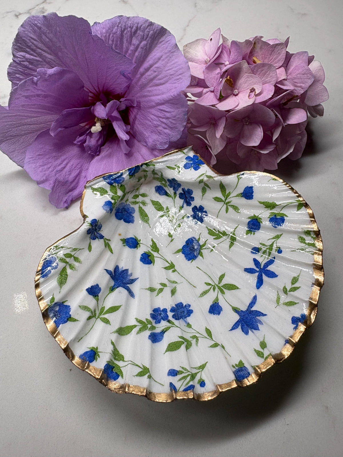 Gold Edged Scallop Shell Trinket Dish | Blue Floral Decoupage Ring Holder