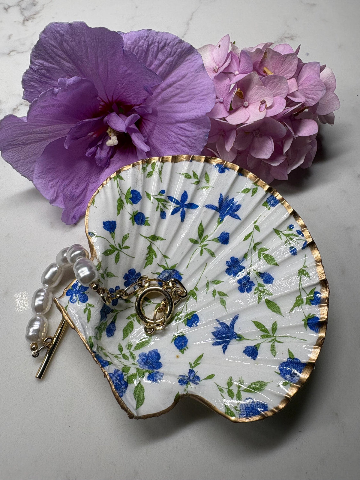 Gold Edged Scallop Shell Trinket Dish | Blue Floral Decoupage Ring Holder