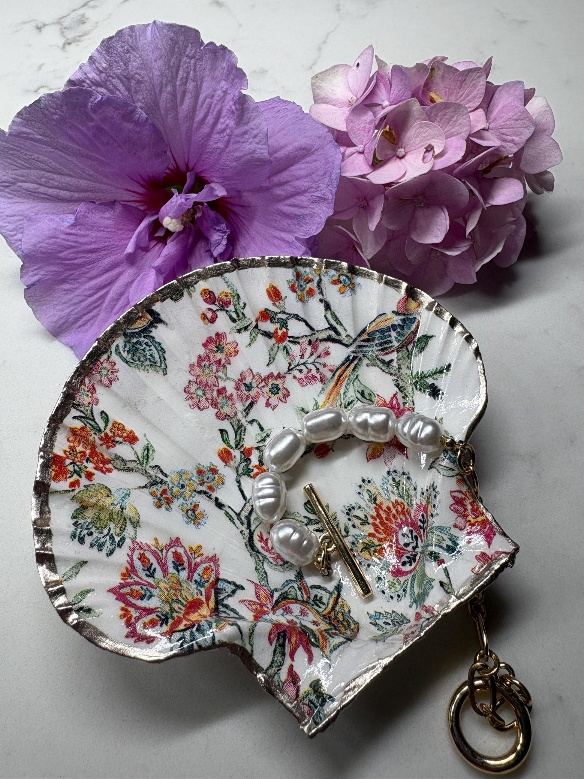 Chinoiserie Bird Scallop Shell Trinket Dish | Silver Edge Decoupage Ring Holder