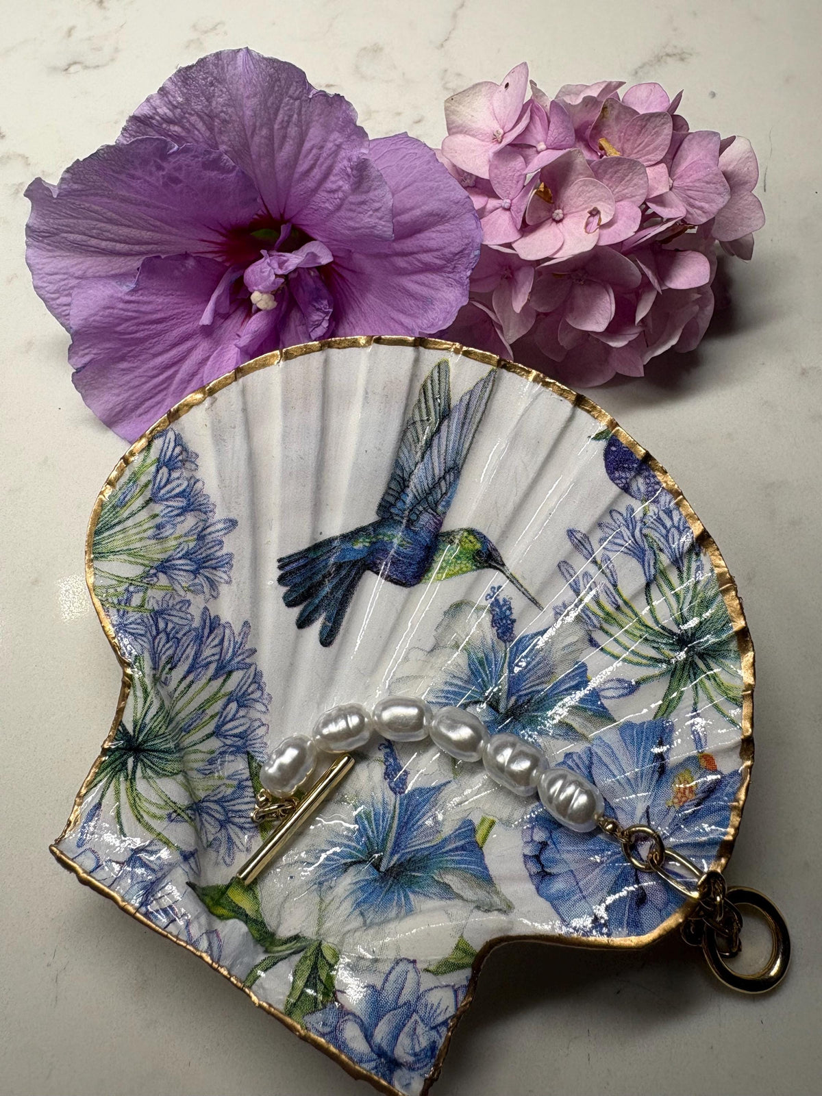 Hummingbird Floral Scallop Shell Trinket Dish | Gold Edge Ring Holder, Boho Beach Decor