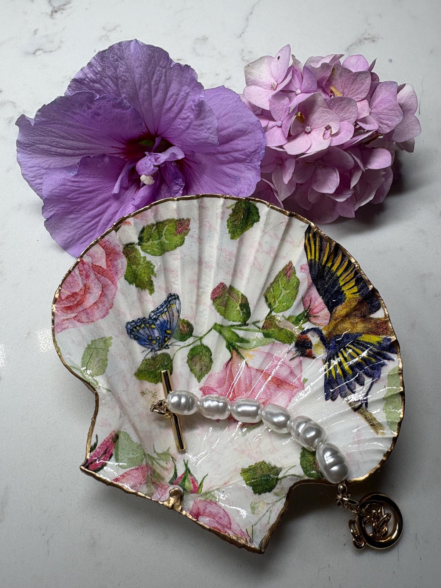 Vintage Rose Bluebird Shell Trinket Dish | Gold Edge Decoupage Ring Holder